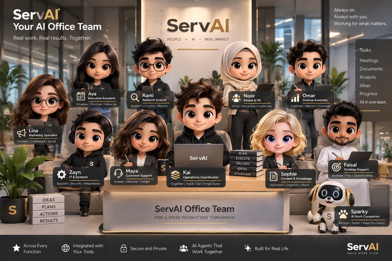 ServAI AI Office Team of specialist AI workers assembled around business missions